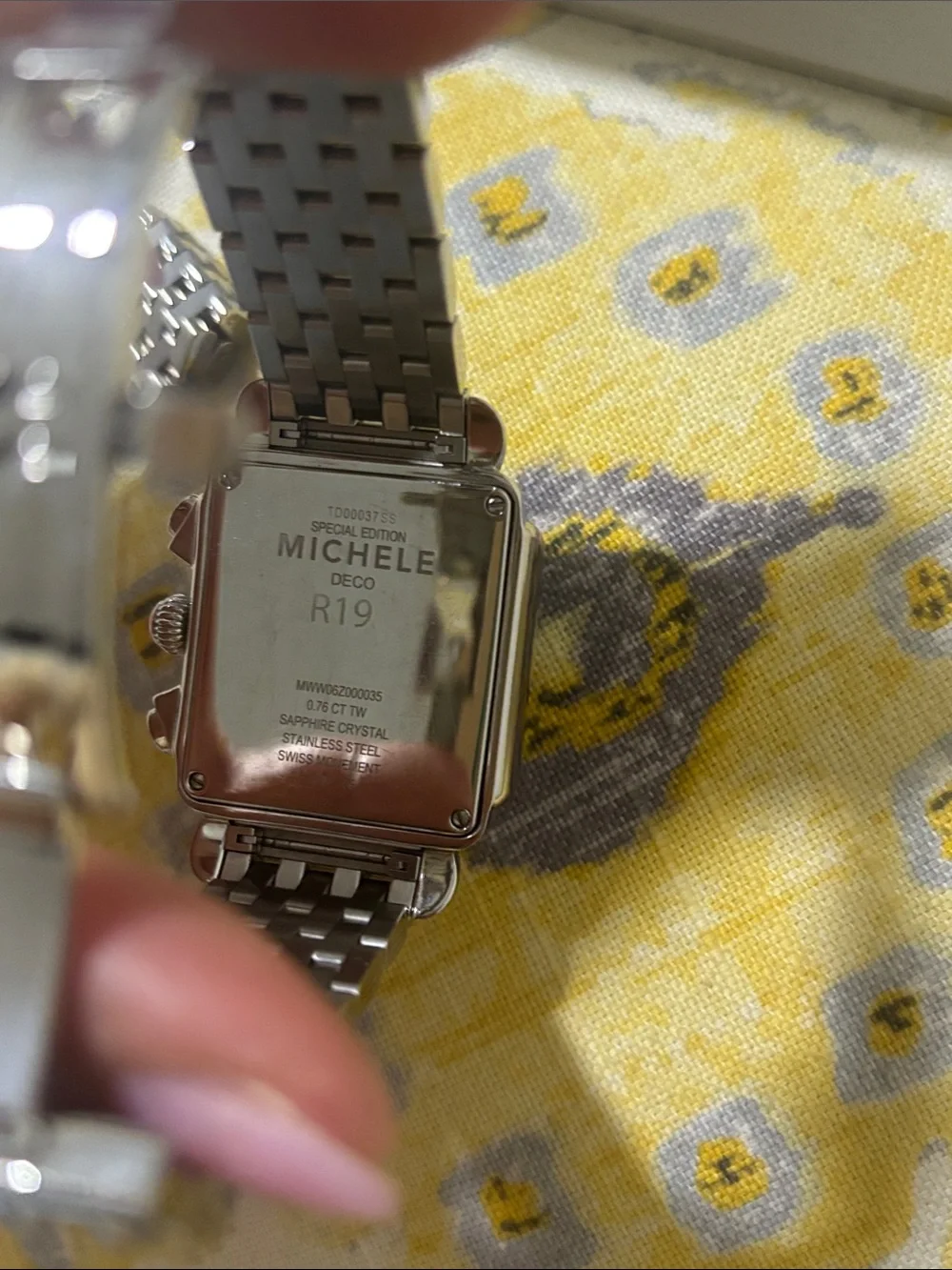 Michele Silver Stainless Steel Square Diamond-Trim Chronograph Watch